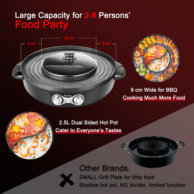 Food Party DUO Electric Smokeless Grill and Hot Pot, With Separable Cooking  Plate, Deluxe Combo of 1 Recipe Book, 1 Tong, 1 Oil Brush, 1 Pack of
