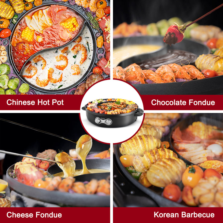 Hot Pot Electric with Grill, 2 in1 Indoor Non-Stick Shabu Shabu Pot &  Frying Pan, Portable Mini Hot Pot Korean BBQ w/Individual Dual Temperature