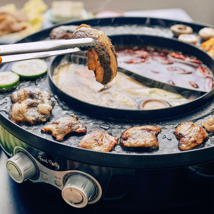 Food Party Hot Pot électrique et barbecue sans fumée 2 en 1 Chinois avec  séparateur Shabu Shabu Hot Pot Coréen Barbecue d'intérieur Grande fondue